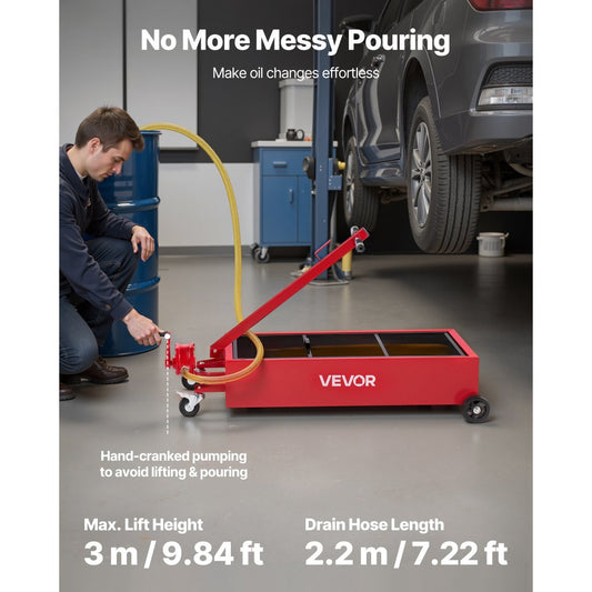 VEVOR Low Profile Oil Drain Pan, 75.7 L Capacity, Rolling Oil Drain Pan with Manual Pump, 2.2 m Hose & T Folding Handle, Leak-proof & Corrosion-resistant, Fit for Cars, SUVs, Trucks, ATVs, Red