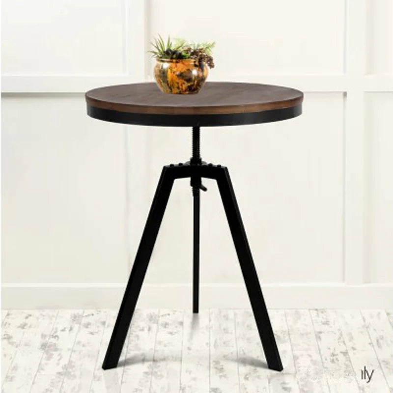 Industrial Dining Table Elm Wood Top Dark Brown & Black Adjustable Height Tripod