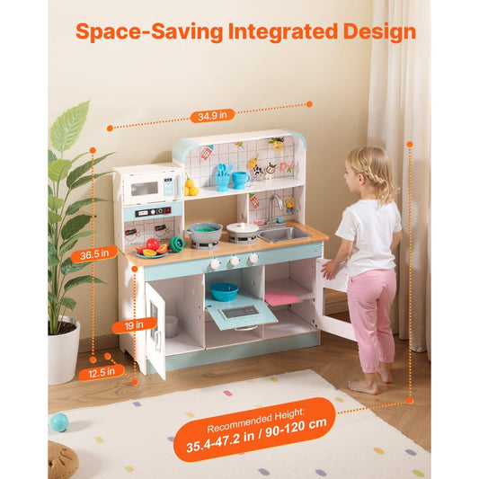 VEVOR Play Kitchen for Kids, Wooden Toy Kitchen Set with Lights and Sounds, Toddler Kitchen with Ice Maker, Oven, Sink, Microwaves, Fridge and Utensil and Fruit Accessory for Toddlers ages, White