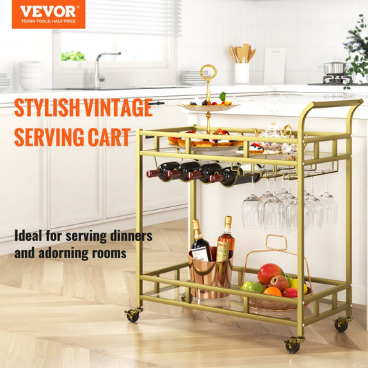 VEVOR Bar Cart Gold, 2 Tiers Home Bar Serving Cart on Lockable Wheels, Rolling Alcohol Cart with Tempered Glass Shelves Guardrail Wine Rack, Modern Wine Cart for Home Kitchen Dining and Living Room