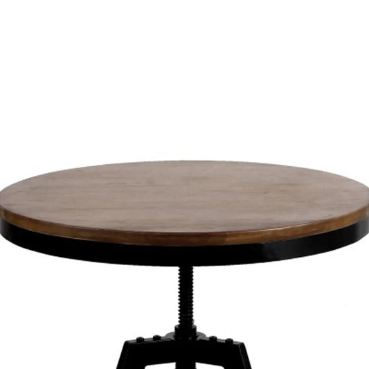 Industrial Dining Table Elm Wood Top Dark Brown & Black Adjustable Height Tripod