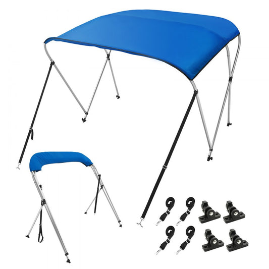 VEVOR 3 Bow Bimini Top Boat Cover, 900D Polyester Canopy with 1" Aluminum Alloy Frame, Waterproof and Sun Shade, Includes Storage Boot, 2 Support Poles, 4 Straps, 6'L x 46"H x 54"-60"W, Pacific Blue