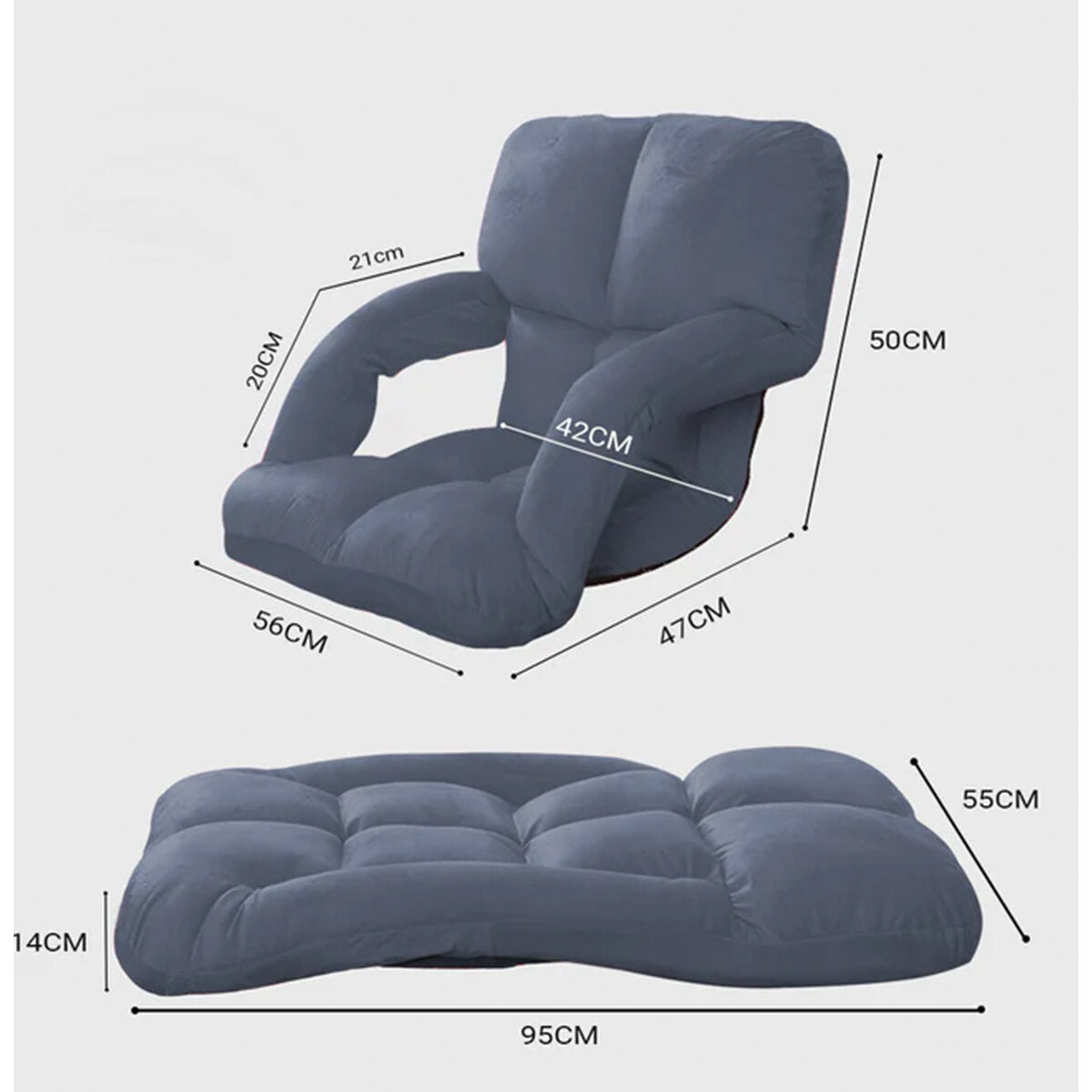 Grey Foldable Floor Recliner Chair with Adjustable Backrest & Soft Padding