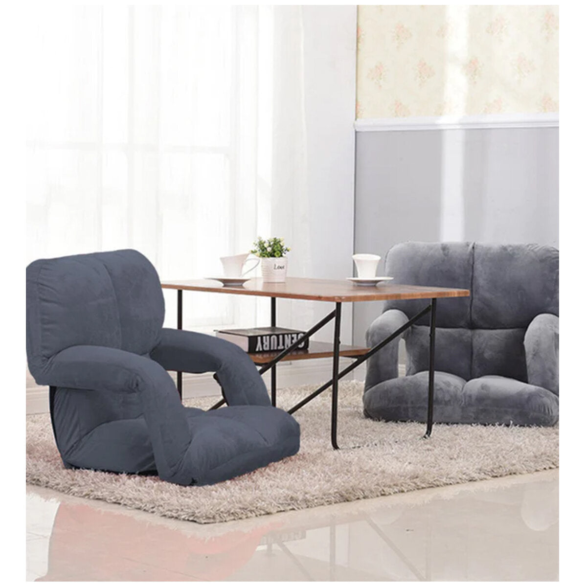 Grey Foldable Floor Recliner Chair with Adjustable Backrest & Soft Padding