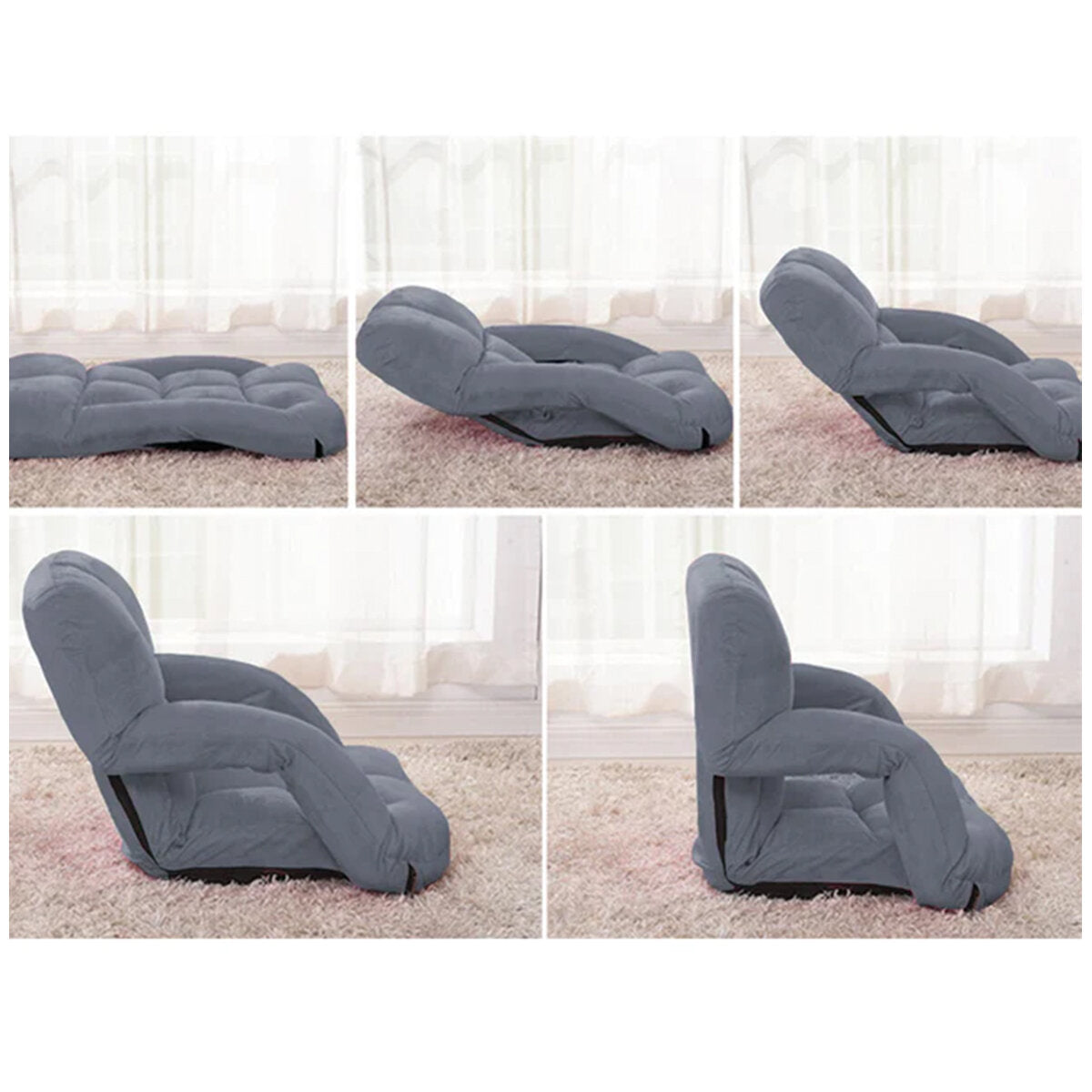 Grey Foldable Floor Recliner Chair with Adjustable Backrest & Soft Padding