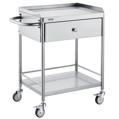 VEVOR Medical Cart, 2 Layers Stainless Steel Cart 100 kg Weight Capacity, Lab Utility Cart with 360° Silent Wheels and a Drawer for Lab, Clinic, Kitchen, Salon