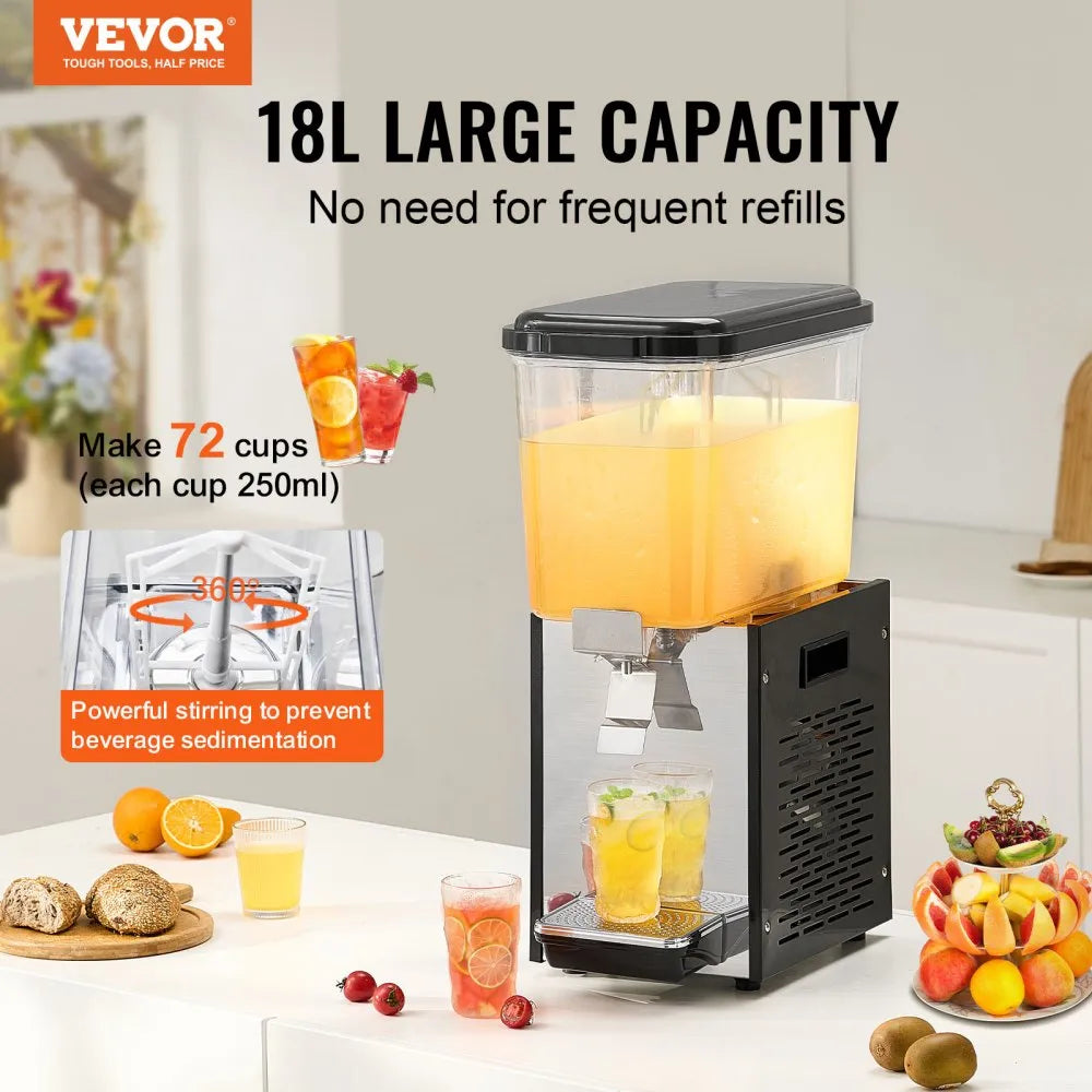 Serve drinks with ease using the VEVOR 18L Commercial Beverage Dispenser. Built with durable 304 food-grade stainless steel and a powerful 300W cooling system, this dispenser keeps beverages chilled between 7°C and 12°C
