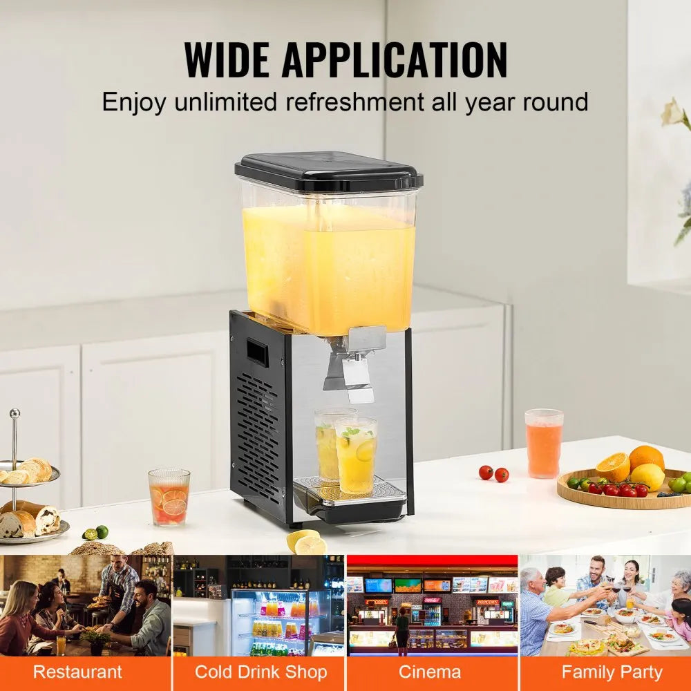 Serve drinks with ease using the VEVOR 18L Commercial Beverage Dispenser. Built with durable 304 food-grade stainless steel and a powerful 300W cooling system, this dispenser keeps beverages chilled between 7°C and 12°C